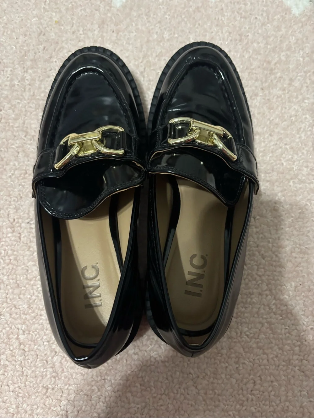 I.N.C Black Patent Leather Loafer with Gold Chain Accent - Women